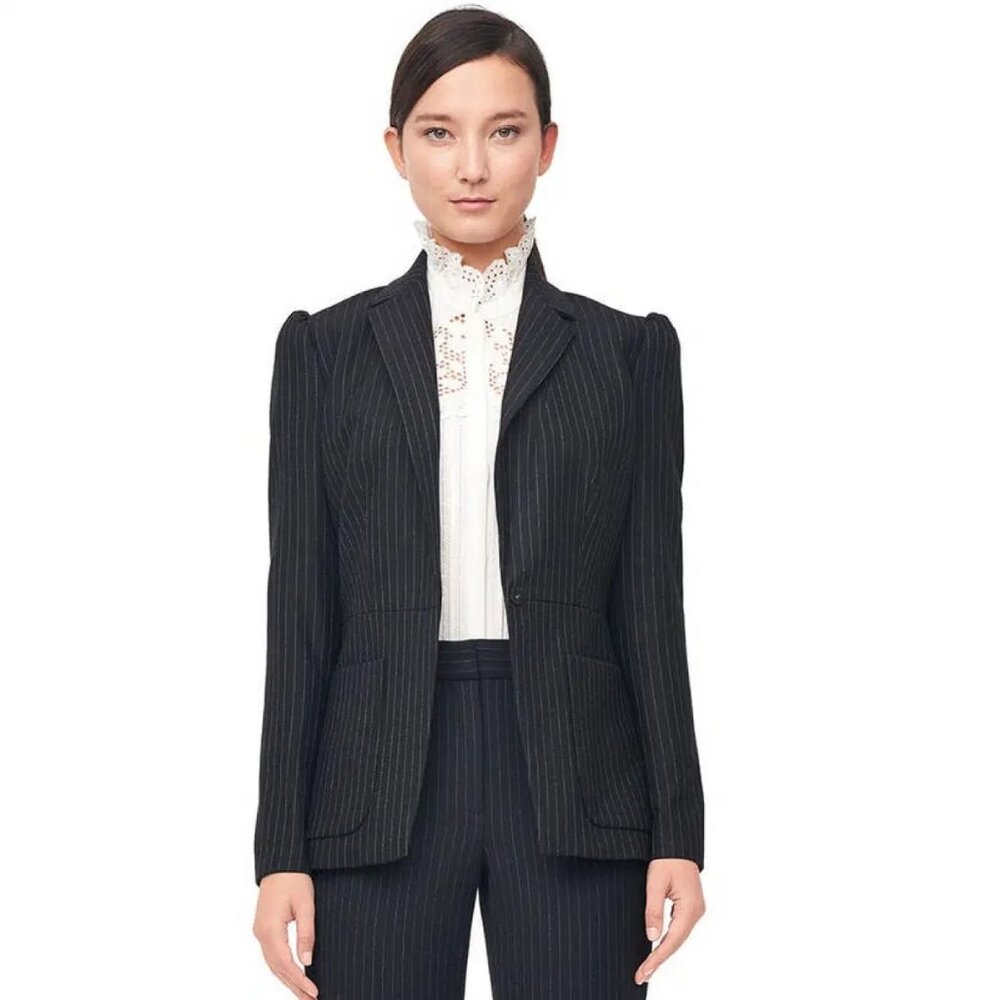 REBECCA TAYLOR Black Pinstripe Puff-Shoulder One-Button Blazer Size 12